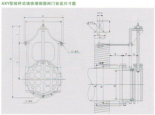 AXY型暗杆式铸铁镶铜圆闸门安装尺寸图 AXY型暗杆式铸铁镶铜圆闸门安装尺寸图