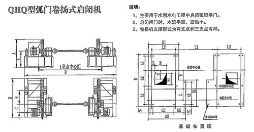 QHQ二支点弧门卷扬式启闭机结构图 QHQ二支点弧门卷扬式启闭机结构图