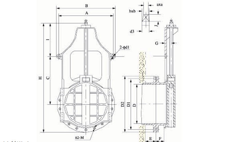 ZAQF暗杆式铸铁方闸门(墙式安装,俗称附壁式安装)安装尺寸图 ZAQF暗杆式铸铁方闸门(墙式安装,俗称附壁式安装)安装尺寸图